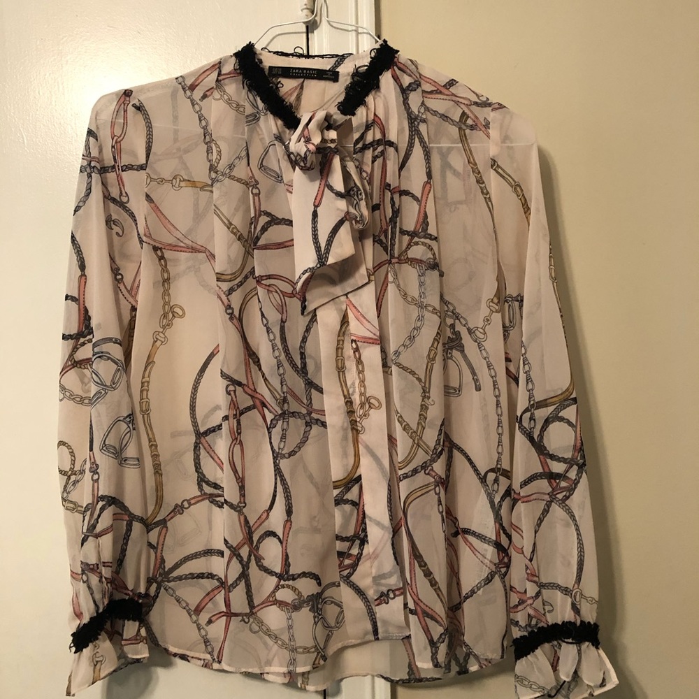 Zara chain print blouse with fringe and bow XS